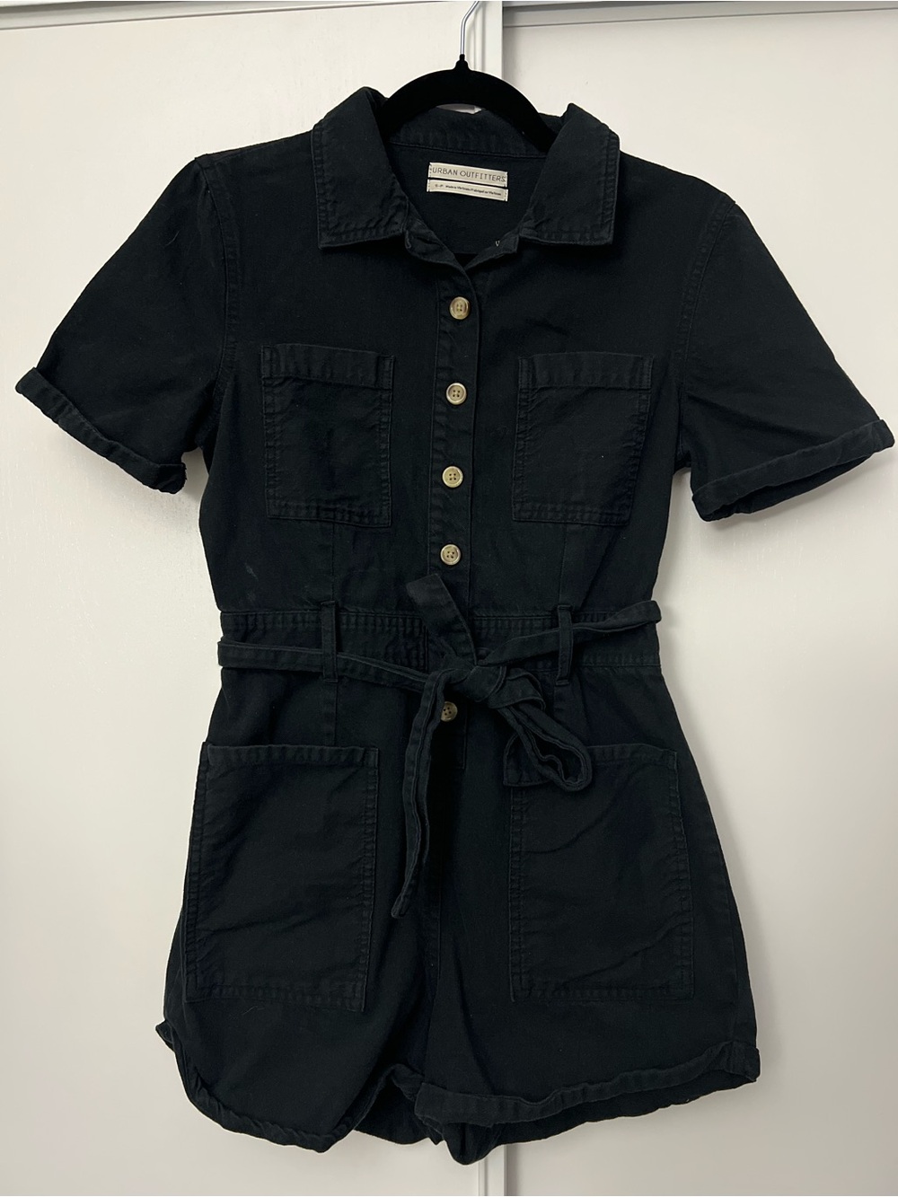 Urban Outfitters Black Short-Sleeve Button Front Romper